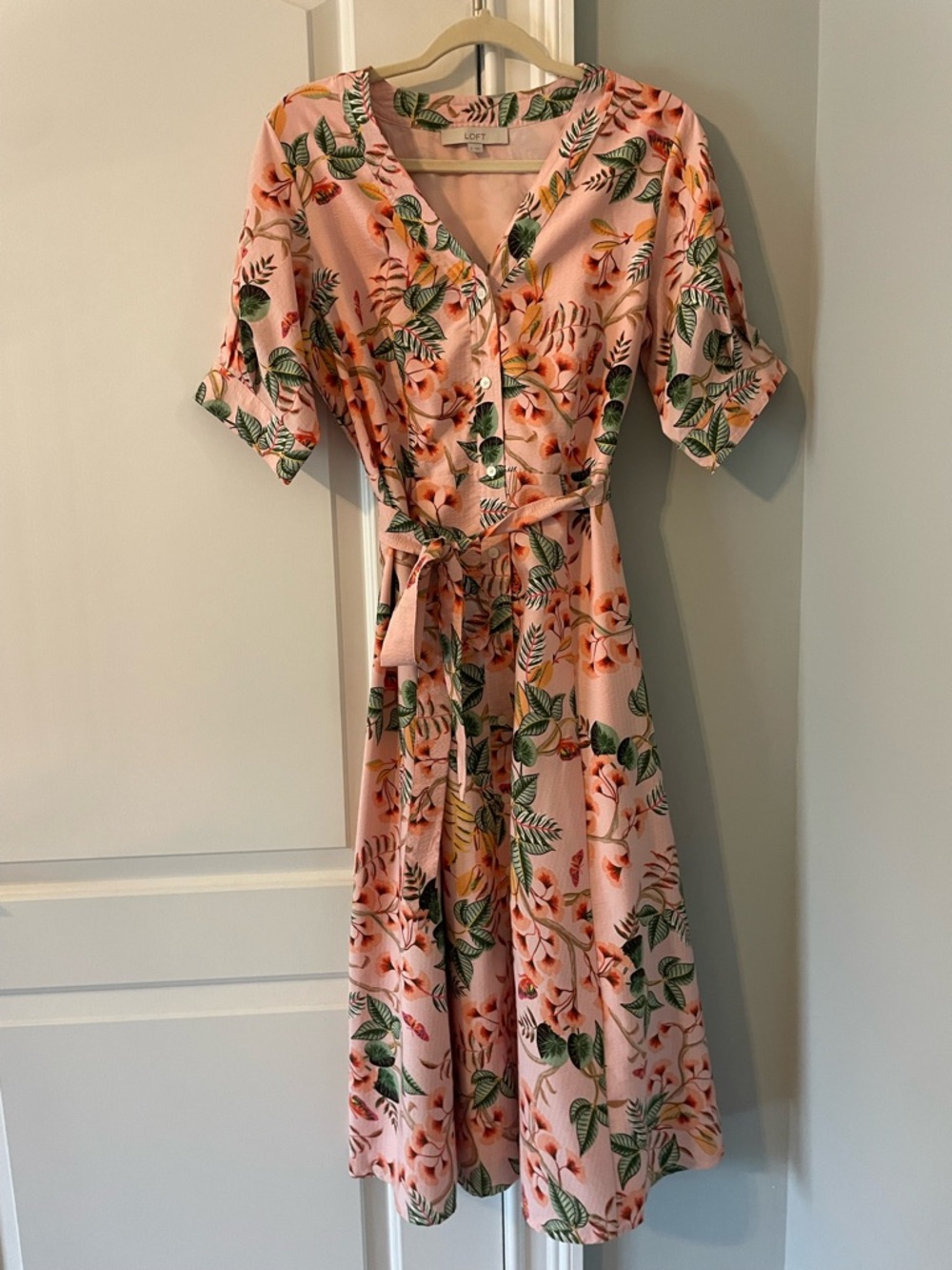 LOFT Pink Floral Wrap-Style Midi Dress with Tie
